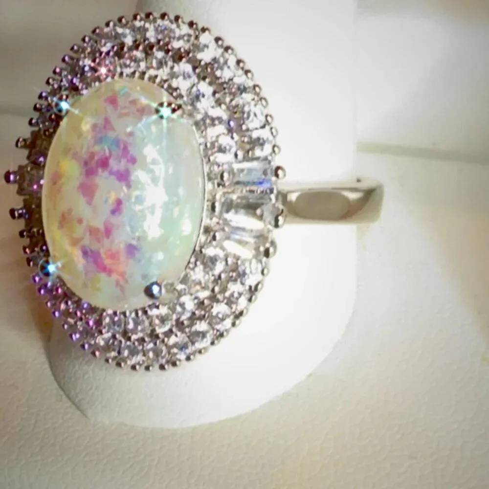 Opal Cocktail Ring With CZ Halo Rhodium Size 6